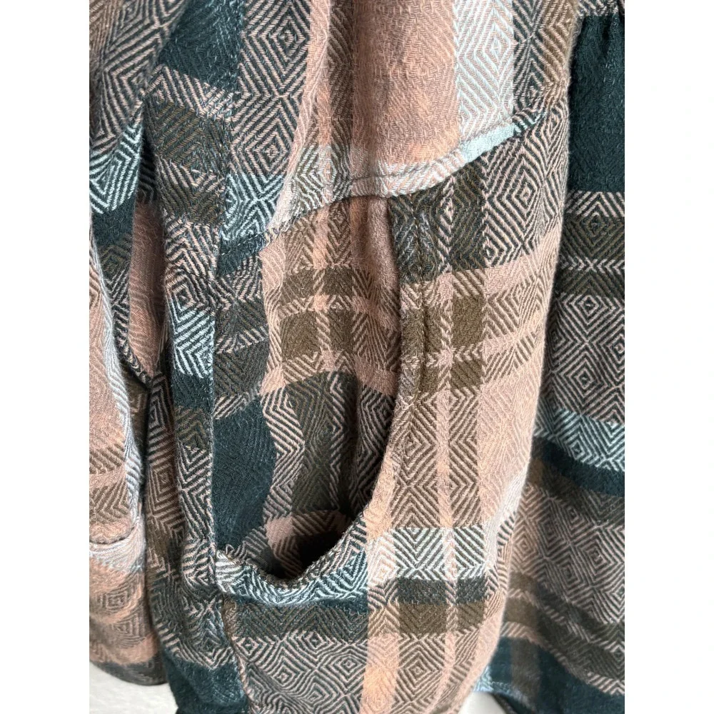 Free People Plaid Tunic Shirt Brown Blue Button Down Peplum Hem Flannel Medium